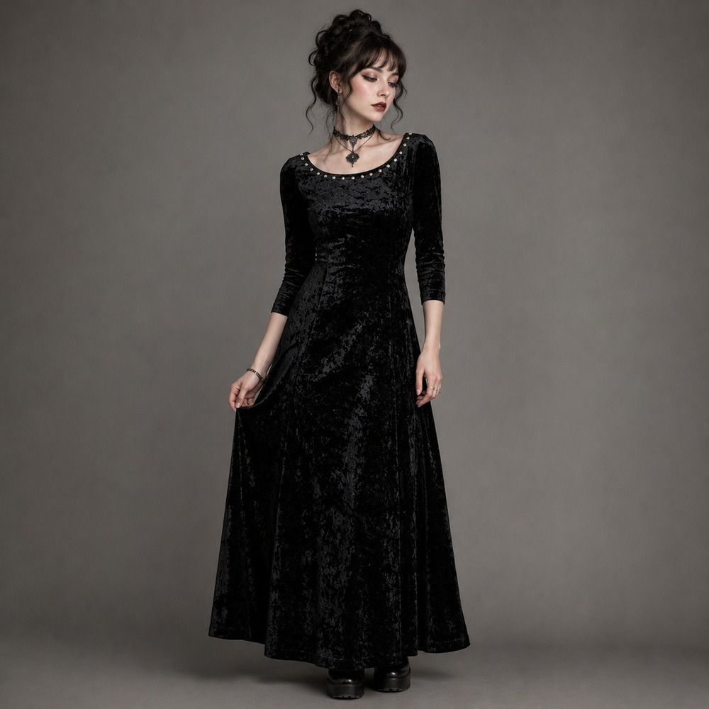 Vintage 90s Black Crushed Velvet Maxi Dress Gothโ Grunge Whimsygoth Size S
